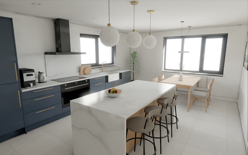 The kitchen renovation sample, finished, seen from inside: navy units with brass handles, a white island with stools under three globe lights, and a dining table by the window.